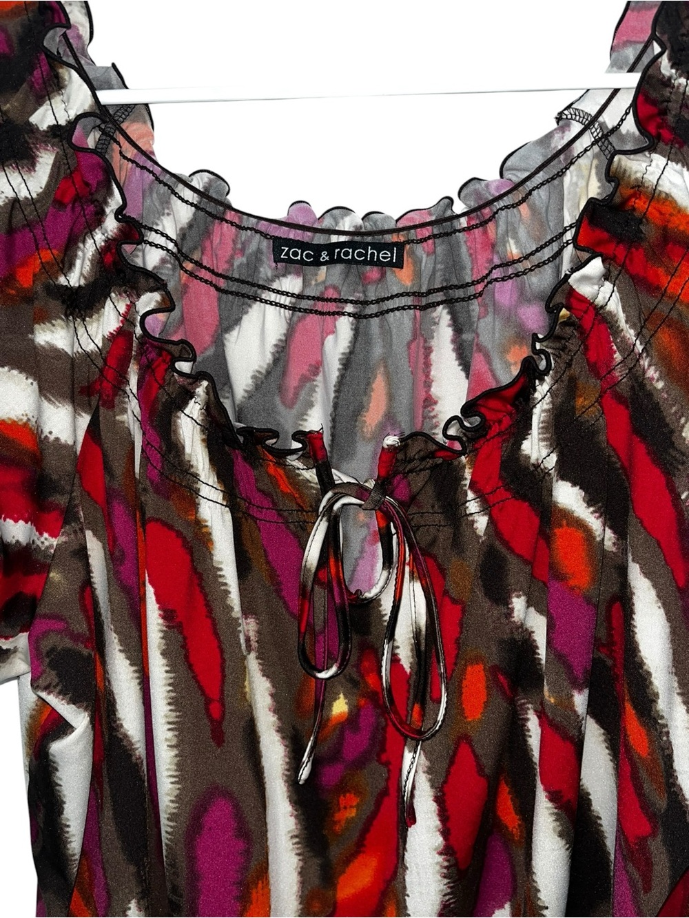 Zac & Rachel Geo Print Lace Up Tie Puff Sleeve Top Size XL - Picture 3 of 8